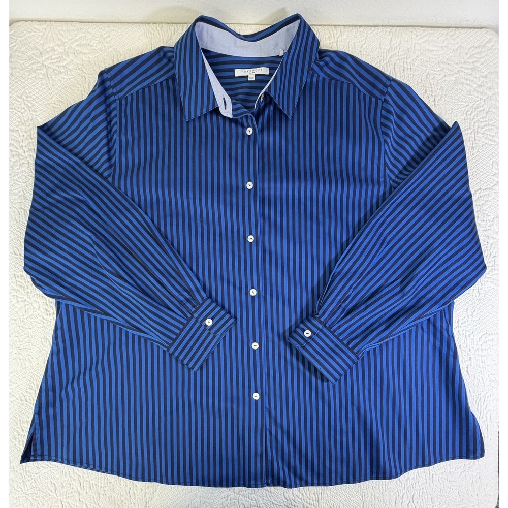 Foxcroft Non-Iron Cotton Bold Blue Striped Button-Up Shirt Size 22W Shaped Work